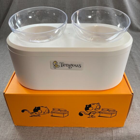 Little Treasures Pet Bowl by Tengous Raised Double Bowl White Plastic w/ Storage - Picture 9 of 9